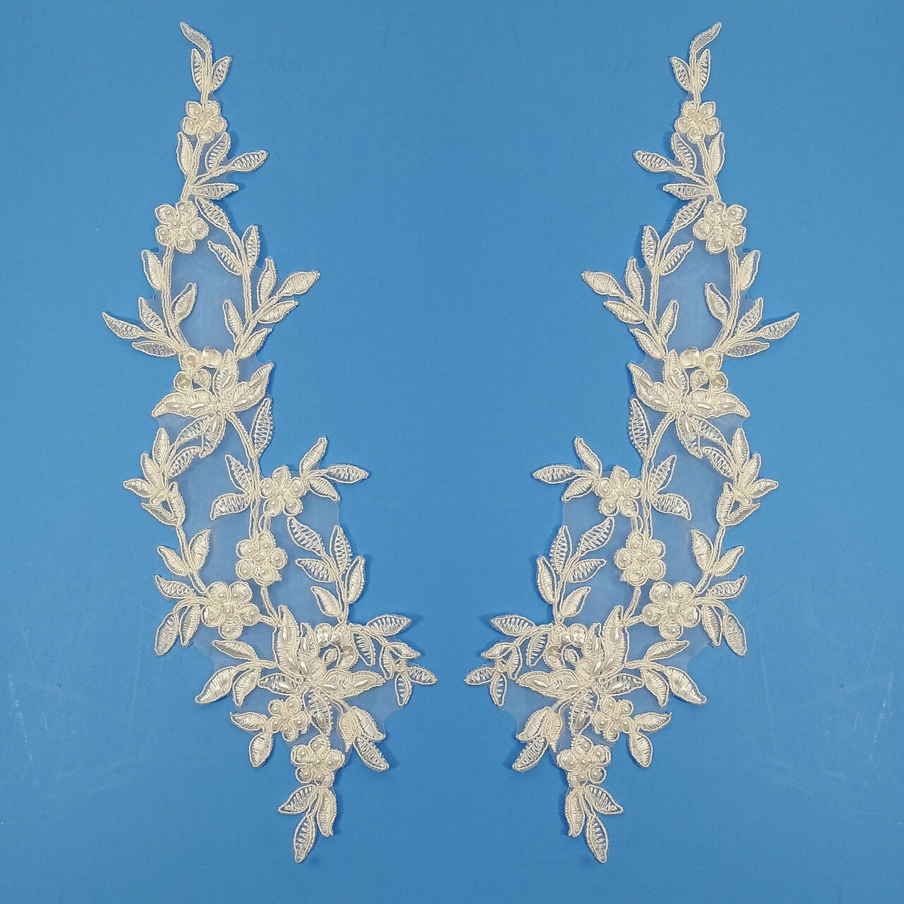 1 Pair Beaded & Corded Floral Lace Applique Embroidered on 100% Polyester Organza 13" x 4" Each Side
